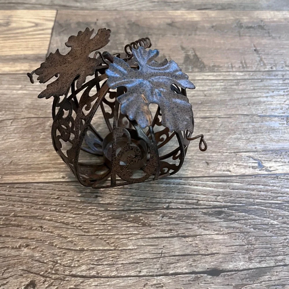 Rustic Bronze Metal Pumpkin Tea Light Candle Holder Fall Autumn Decor Scrollwork